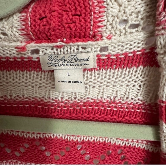 Lucky Brand Boho Valentines Striped Red and Cream Women's Cardigan Sweater Sz L - Picture 4 of 5